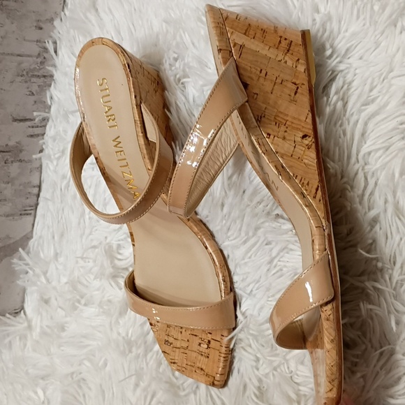 New Stuart Weitzman Aleena Nude Cork Wedge Square Toe Side Slip On Sandals 8B - Picture 6 of 16
